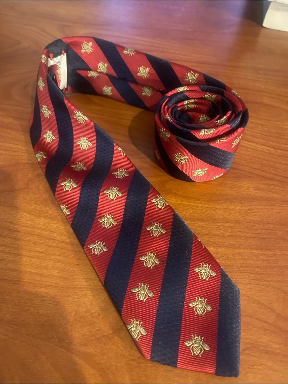 Gucci Red & Navy Striped Tie with Gold Bee Motif